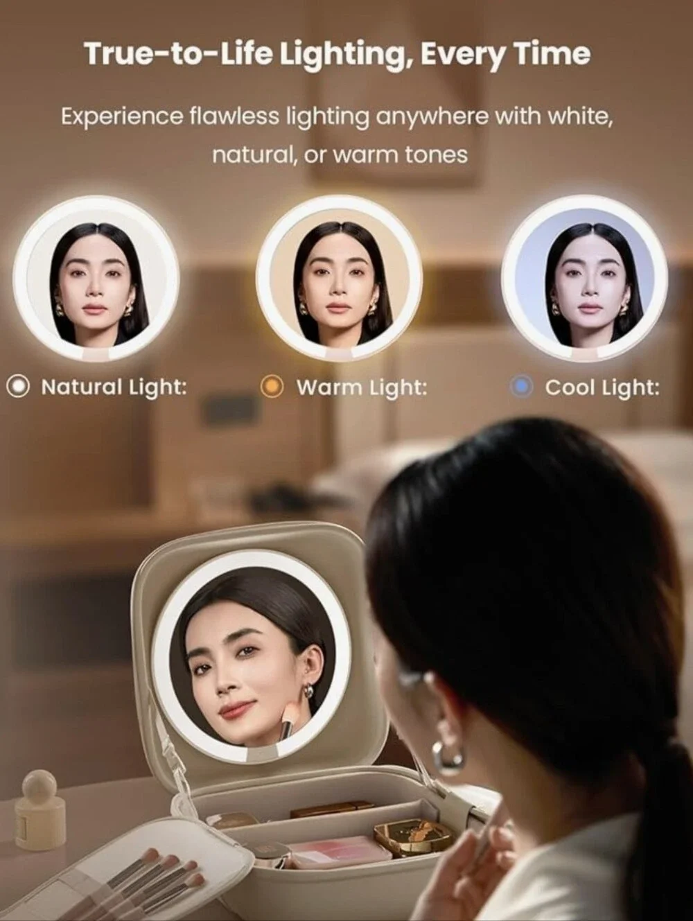 Travel Makeup Case with Mirror - Cream Cosmetic Organizer